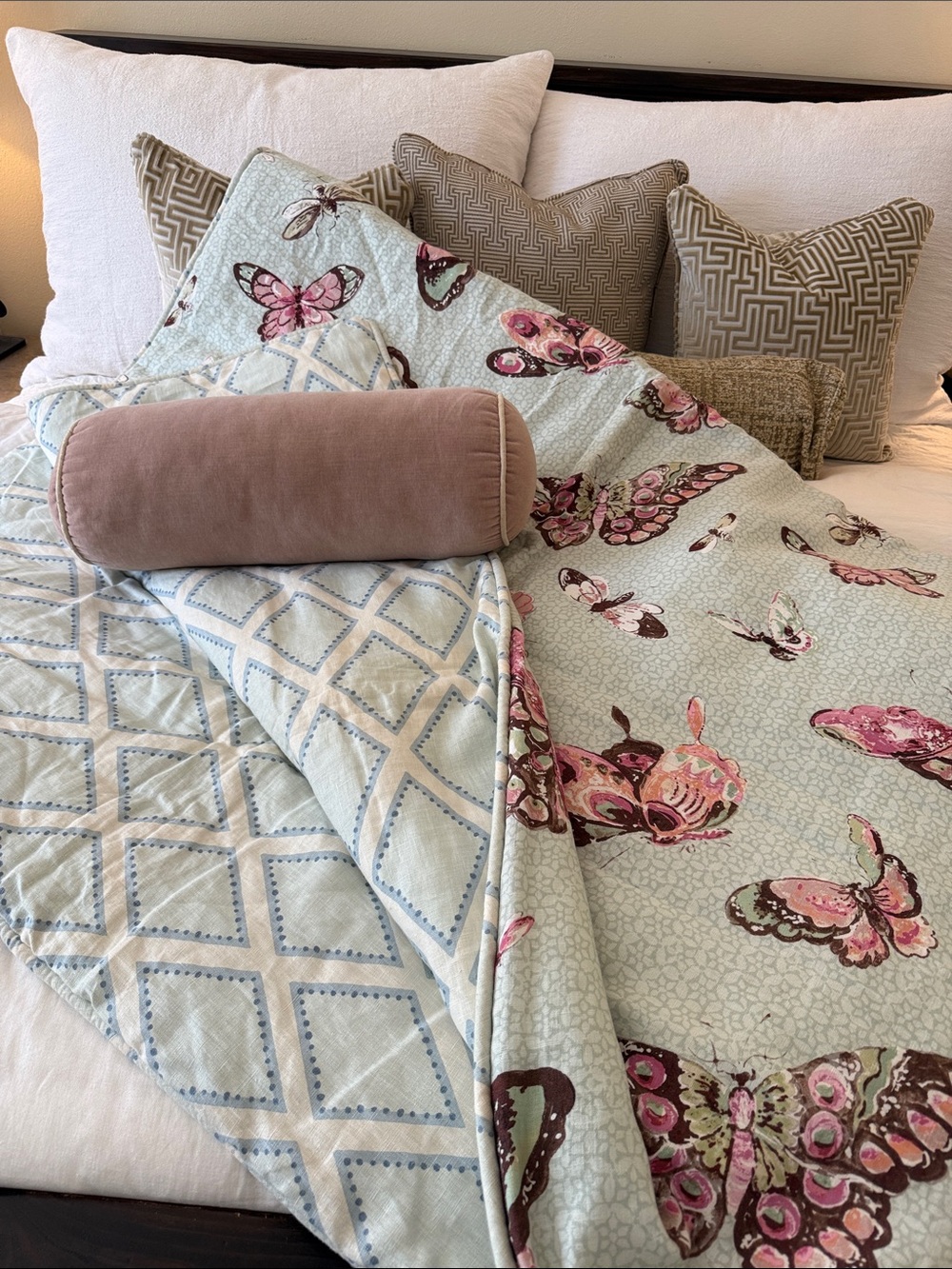 Custom designer twin Butterfly Reversible linen mix comforter, twin.